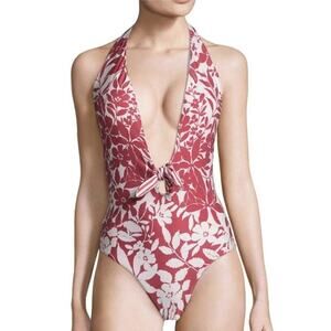 Red Carter Floral Shanghai One Piece Swimsuit Size S Ruby Plunge V-Neck Halter